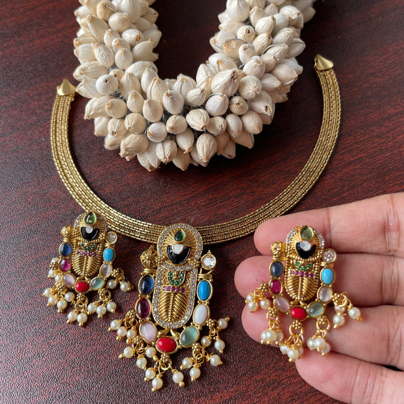 Premium Matte Navratna stones Perumal Simple Choker Set