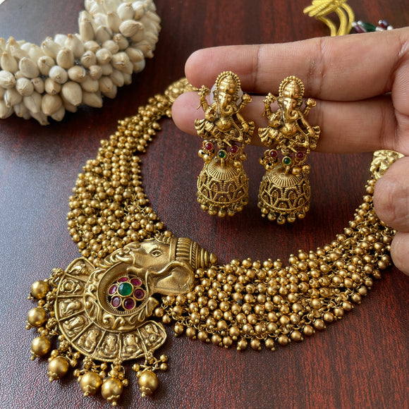 Premium Antique Gold Beads Lord Ganesha Grand Choker Set